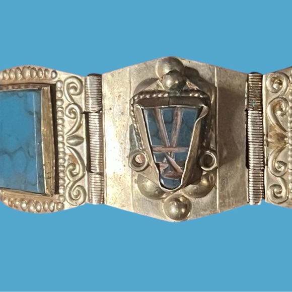 Vintage Alpaca Silver Sim Stone Inlay Mexican 8 Panel Bracelet HECHO  7.25” - Picture 3 of 8